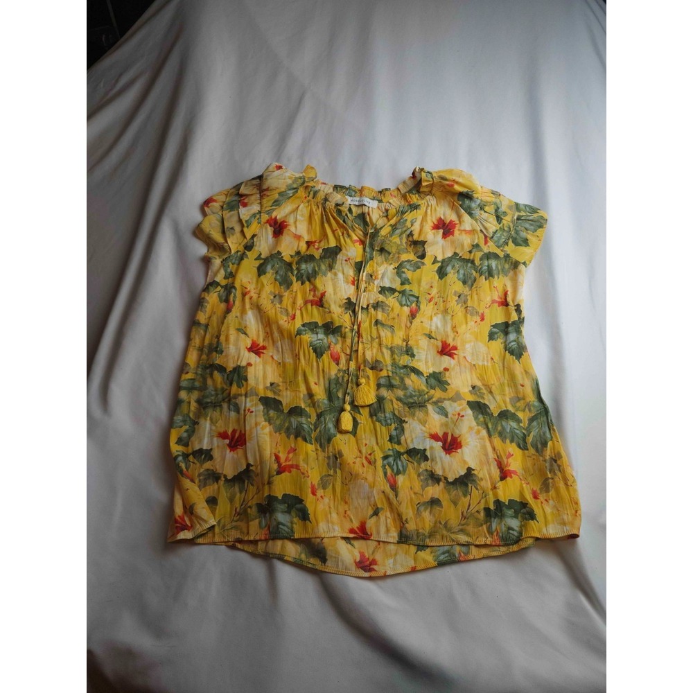 Rose + Olive Blouse Top Womens Medium Yellow Floral Bohemian Tassel Ruffle Trim
